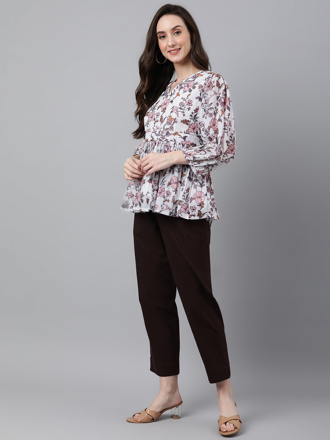 Janasya Women's White Georgette Floral Print Peplum Top | Grocsy