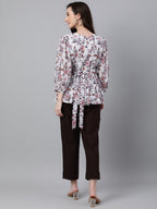 Janasya Women's White Georgette Floral Print Peplum Top | Grocsy