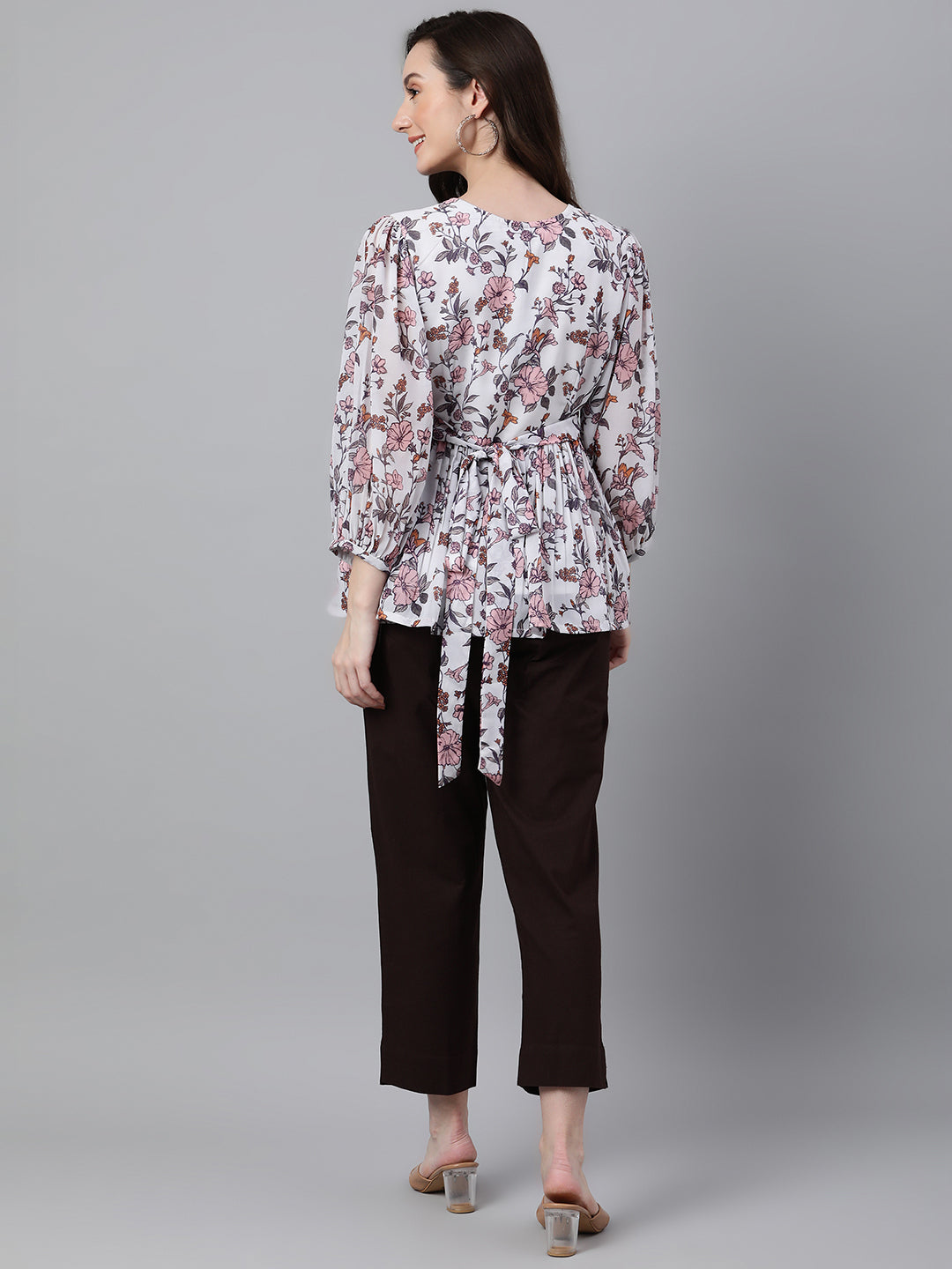 Janasya Women's White Georgette Floral Print Peplum Top | Grocsy