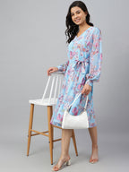 Janasya Women's Sky Blue Georgette Floral Printed Flared Western Dress | Grocsy