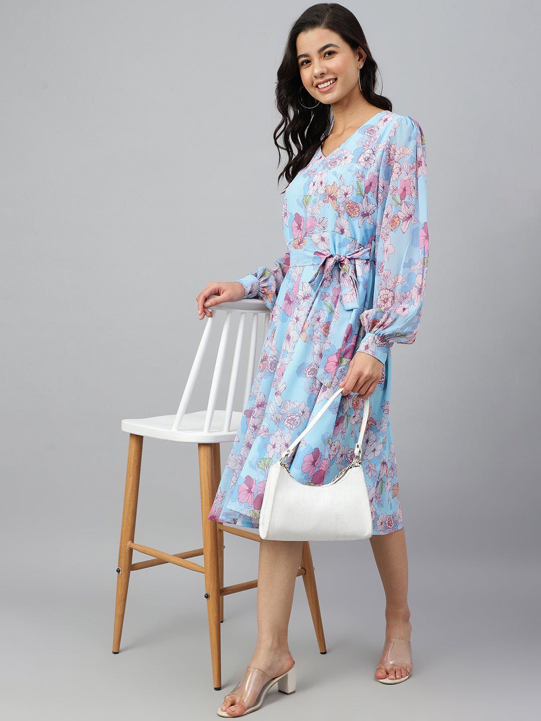 Janasya Women's Sky Blue Georgette Floral Printed Flared Western Dress | Grocsy