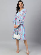 Janasya Women's Sky Blue Georgette Floral Printed Flared Western Dress | Grocsy