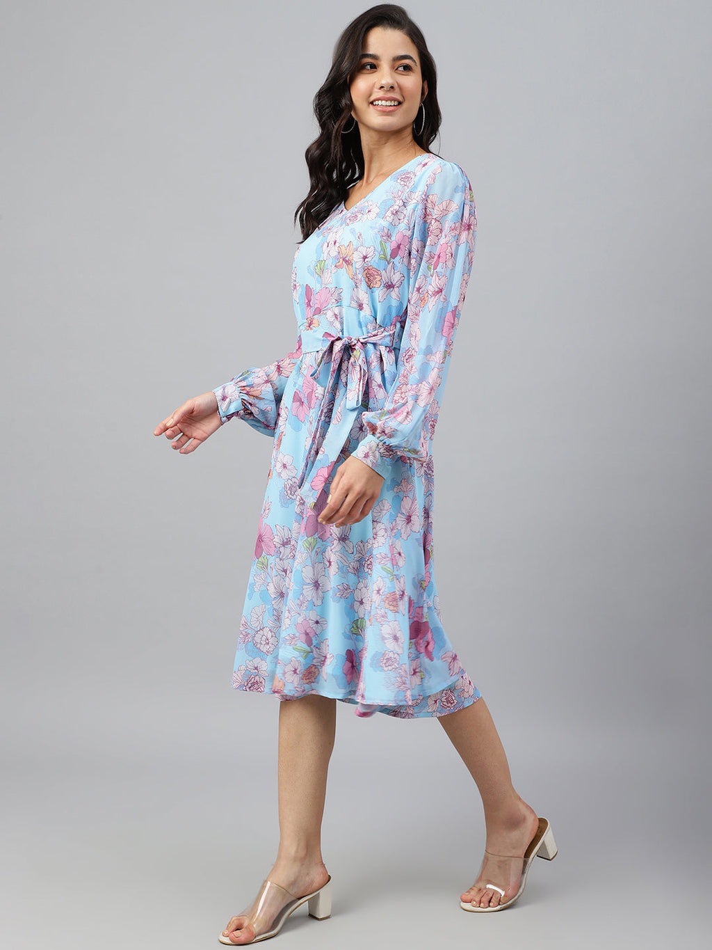 Janasya Women's Sky Blue Georgette Floral Printed Flared Western Dress | Grocsy