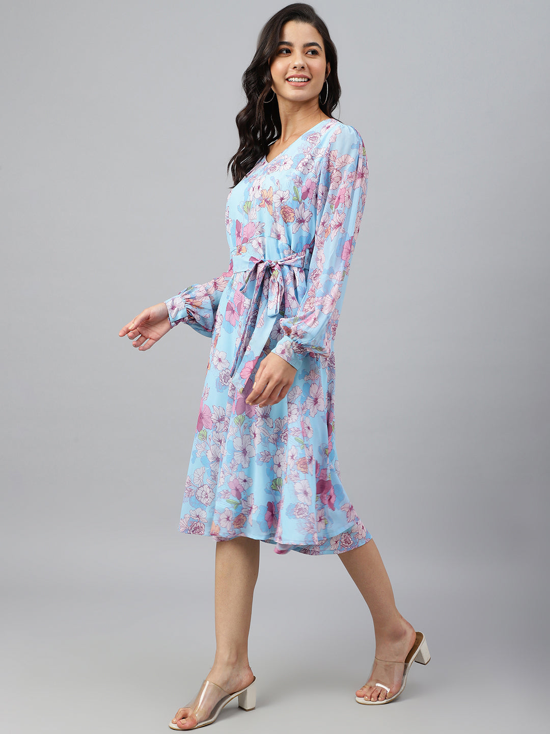 Janasya Women's Sky Blue Georgette Floral Printed Flared Western Dress | Grocsy