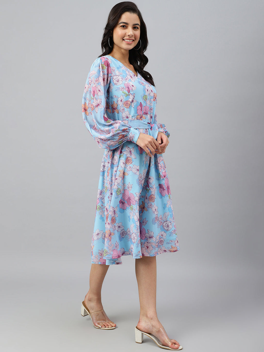 Janasya Women's Sky Blue Georgette Floral Printed Flared Western Dress | Grocsy