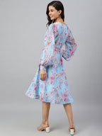 Janasya Women's Sky Blue Georgette Floral Printed Flared Western Dress | Grocsy