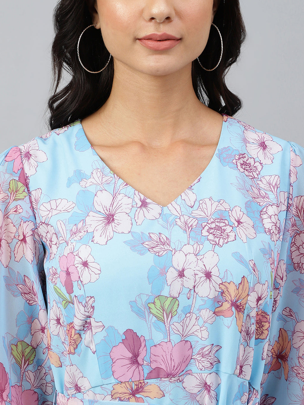 Janasya Women's Sky Blue Georgette Floral Printed Flared Western Dress | Grocsy