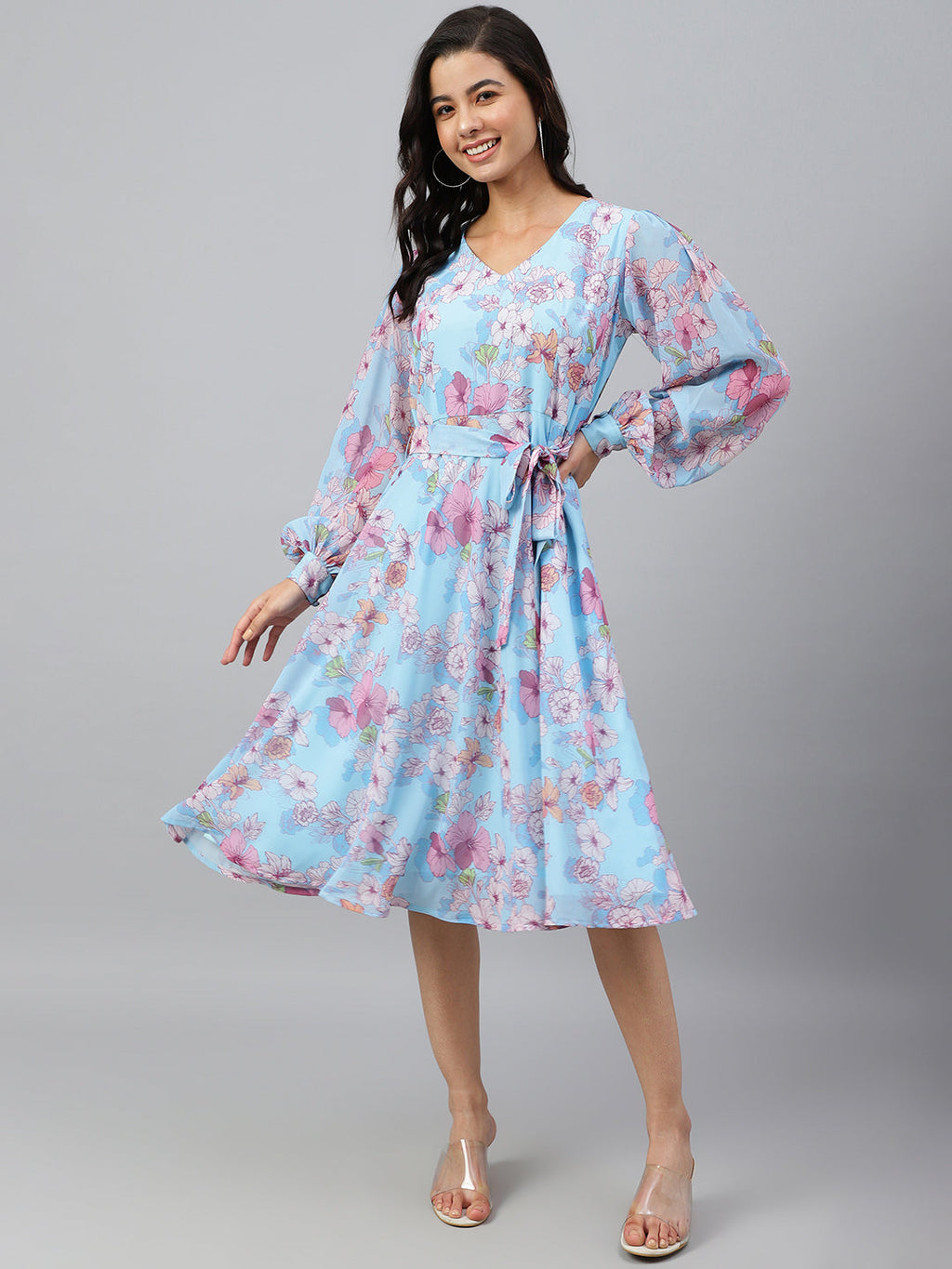 Janasya Women's Sky Blue Georgette Floral Printed Flared Western Dress | Grocsy
