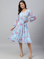 Janasya Women's Sky Blue Georgette Floral Printed Flared Western Dress | Grocsy