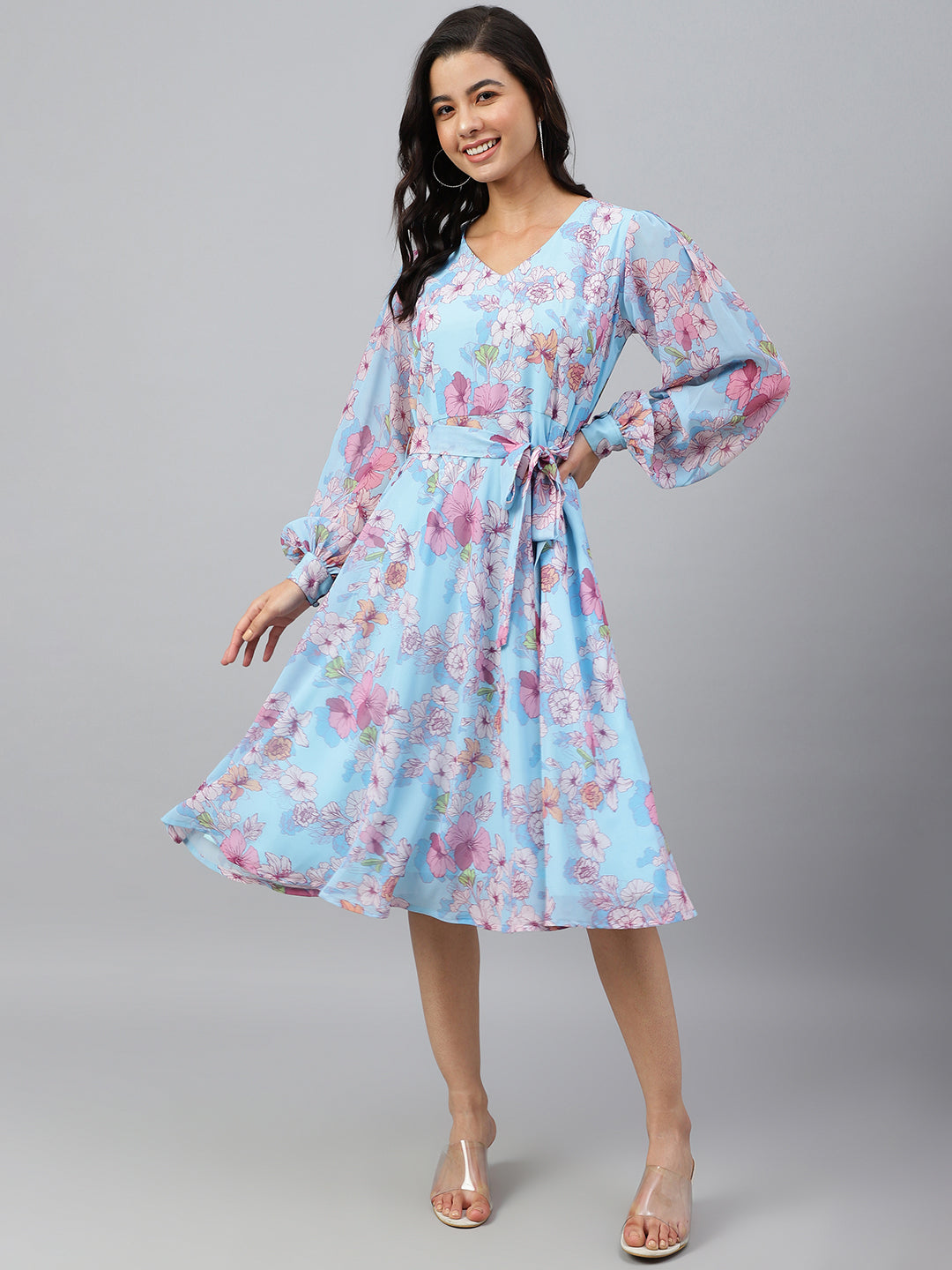 Janasya Women's Sky Blue Georgette Floral Printed Flared Western Dress | Grocsy