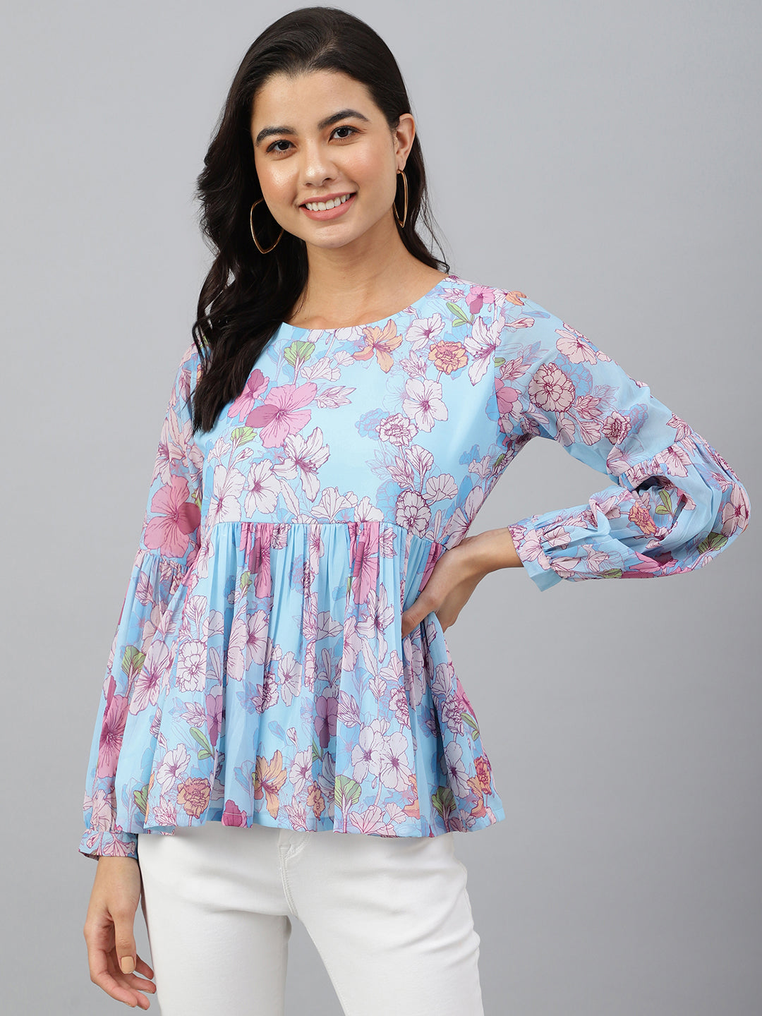 Janasya Women's Sky Blue Georgette Floral Print Flared Top | Grocsy