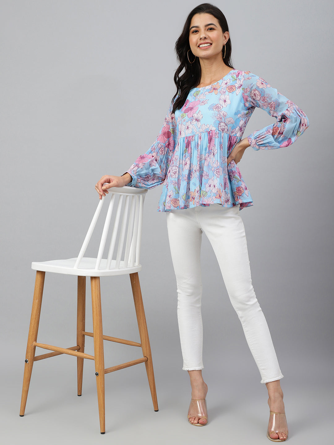 Janasya Women's Sky Blue Georgette Floral Print Flared Top | Grocsy