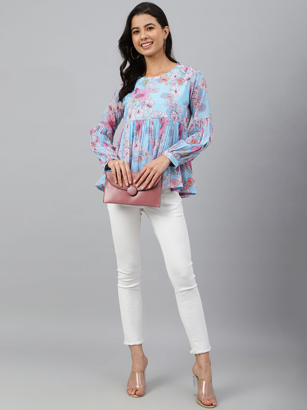 Janasya Women's Sky Blue Georgette Floral Print Flared Top | Grocsy
