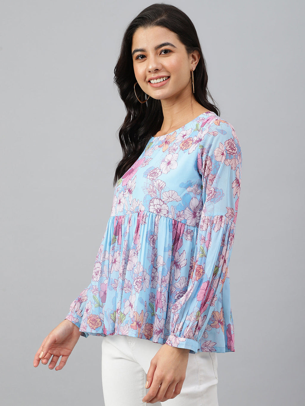 Janasya Women's Sky Blue Georgette Floral Print Flared Top | Grocsy