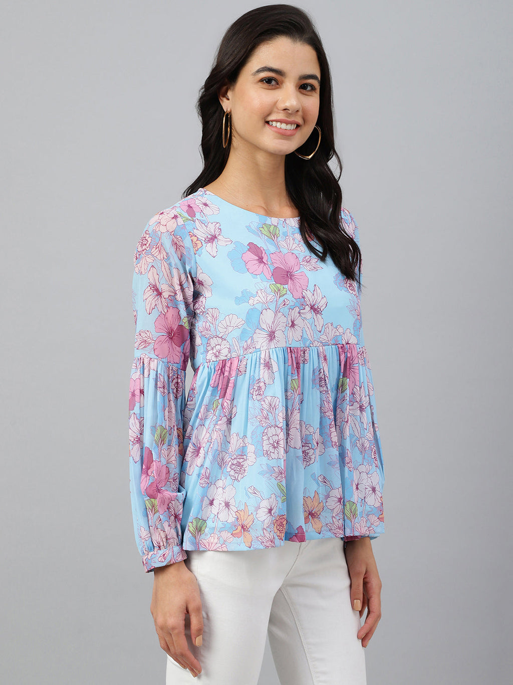 Janasya Women's Sky Blue Georgette Floral Print Flared Top | Grocsy