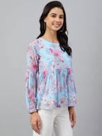 Janasya Women's Sky Blue Georgette Floral Print Flared Top | Grocsy