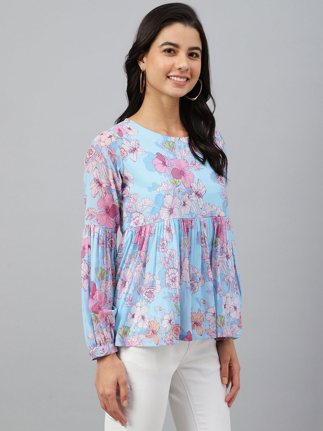 Janasya Women's Sky Blue Georgette Floral Print Flared Top | Grocsy