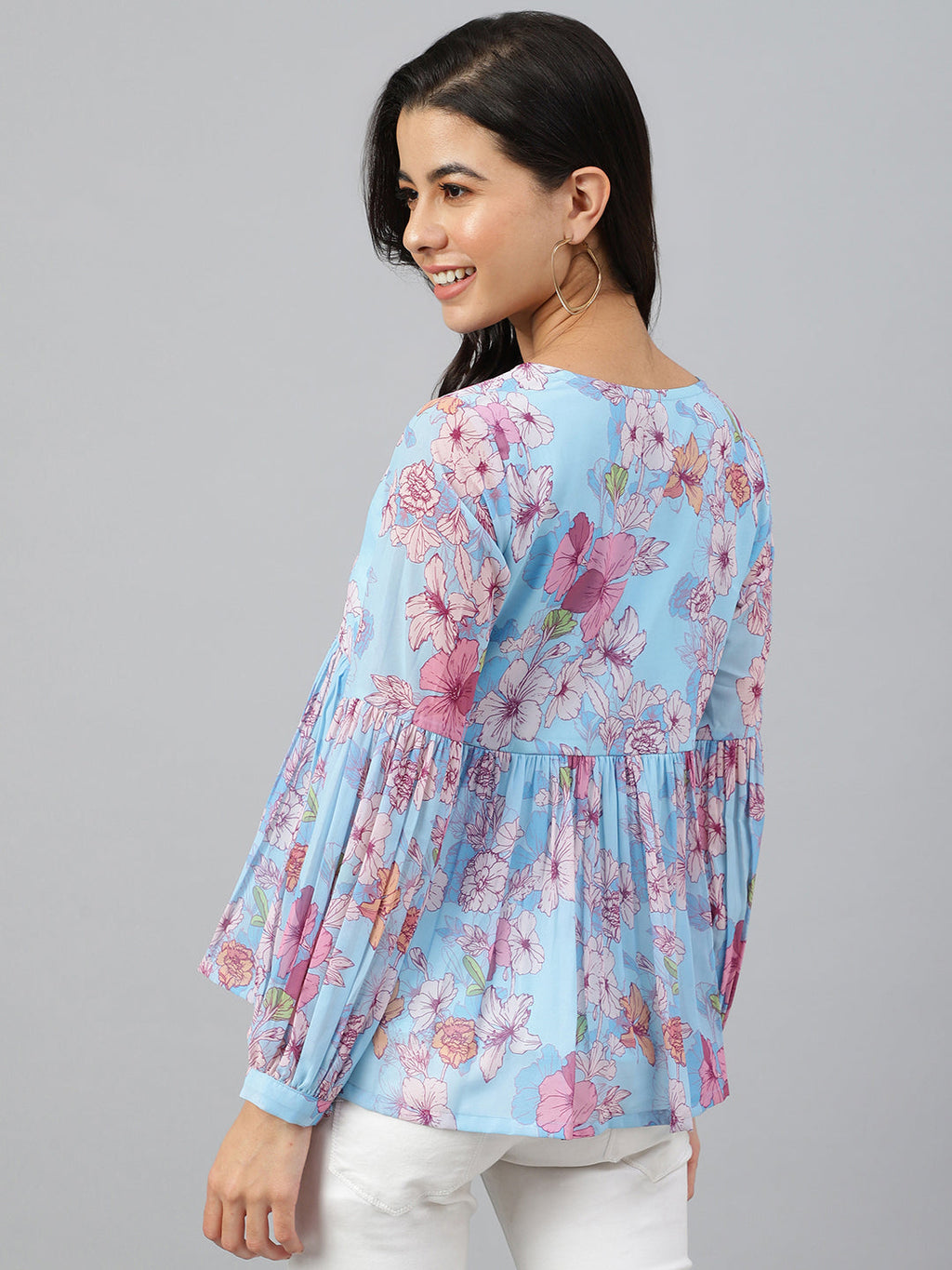 Janasya Women's Sky Blue Georgette Floral Print Flared Top | Grocsy
