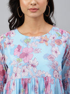 Janasya Women's Sky Blue Georgette Floral Print Flared Top | Grocsy
