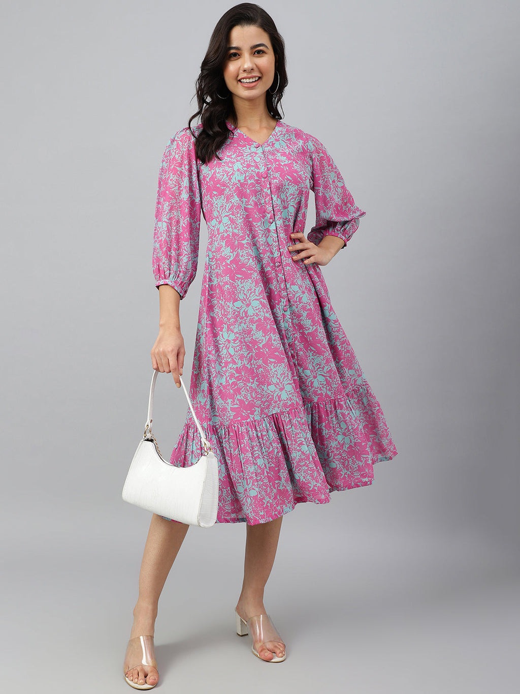 Janasya Women's Pink Georgette Floral Printed A-line Western Dress | Grocsy