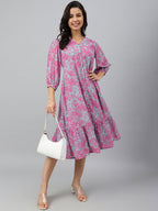 Janasya Women's Pink Georgette Floral Printed A-line Western Dress | Grocsy