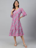Janasya Women's Pink Georgette Floral Printed A-line Western Dress | Grocsy