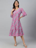 Janasya Women's Pink Georgette Floral Printed A-line Western Dress | Grocsy