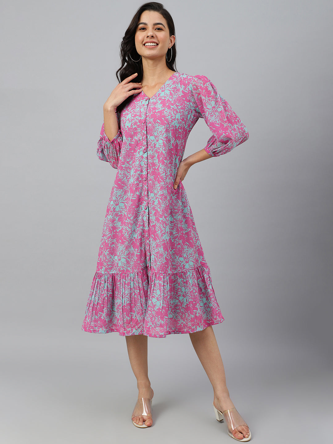 Janasya Women's Pink Georgette Floral Printed A-line Western Dress | Grocsy