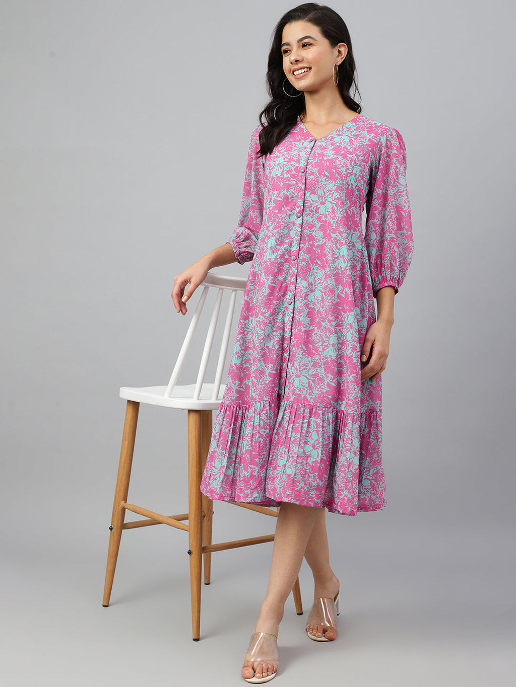 Janasya Women's Pink Georgette Floral Printed A-line Western Dress | Grocsy