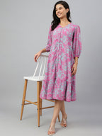 Janasya Women's Pink Georgette Floral Printed A-line Western Dress | Grocsy