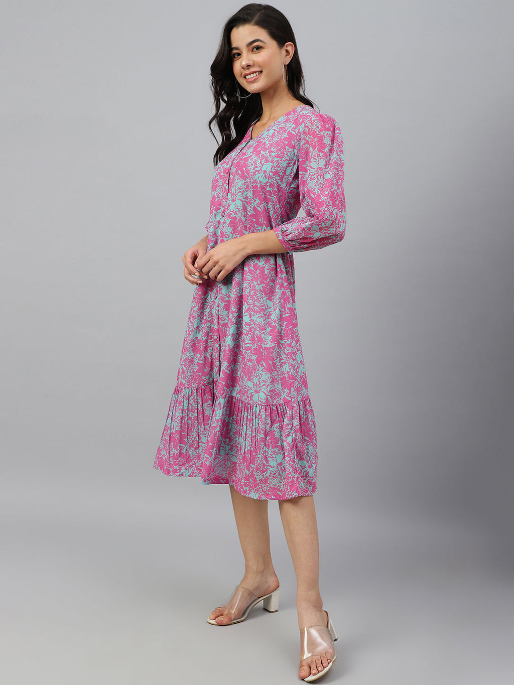 Janasya Women's Pink Georgette Floral Printed A-line Western Dress | Grocsy