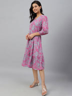 Janasya Women's Pink Georgette Floral Printed A-line Western Dress | Grocsy