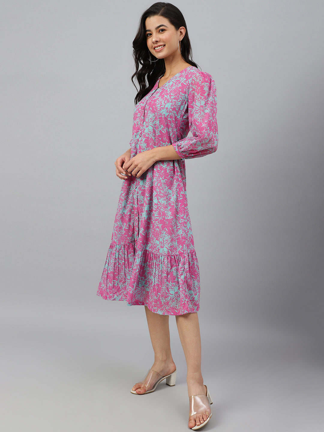 Janasya Women's Pink Georgette Floral Printed A-line Western Dress | Grocsy