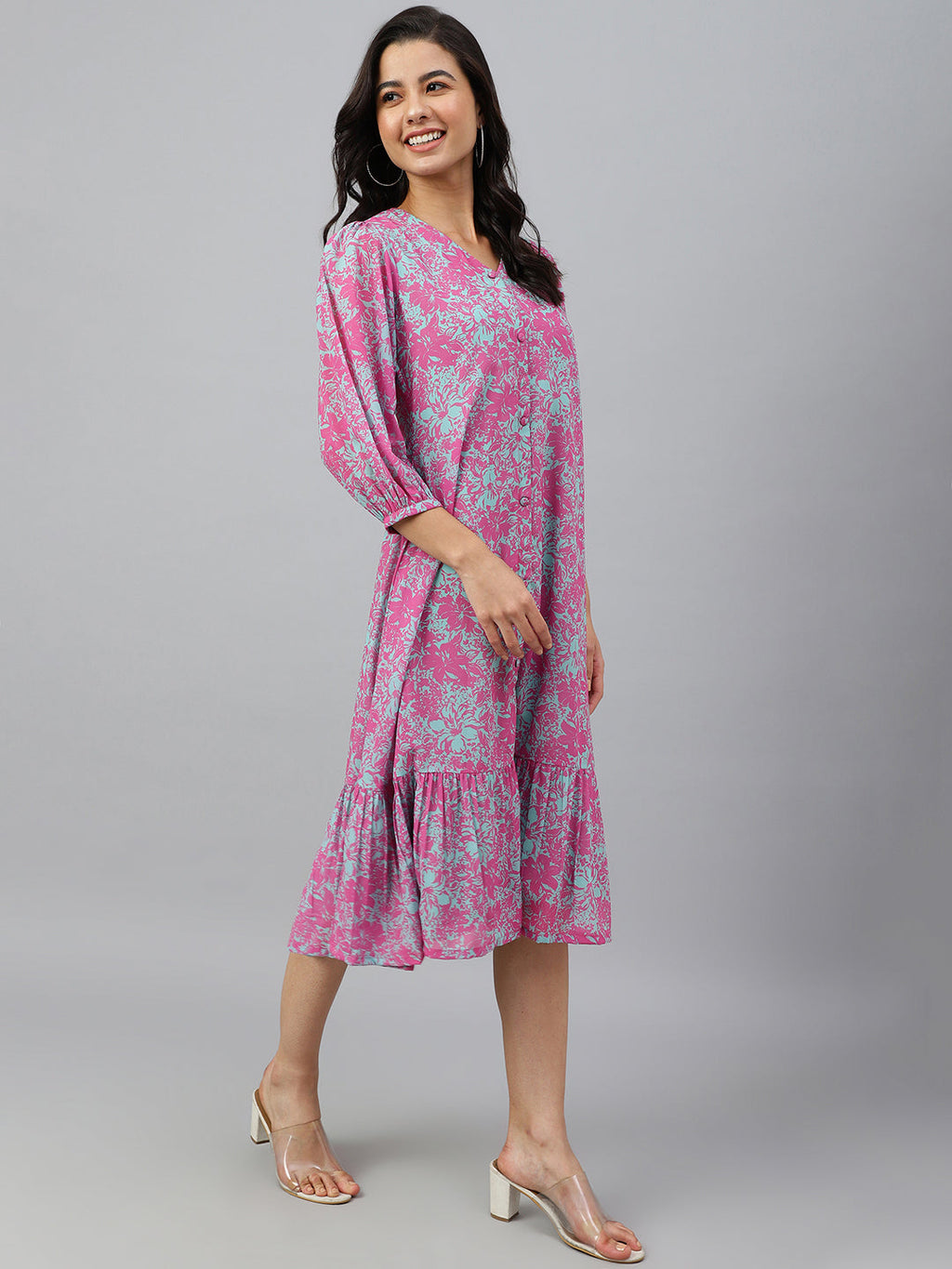 Janasya Women's Pink Georgette Floral Printed A-line Western Dress | Grocsy