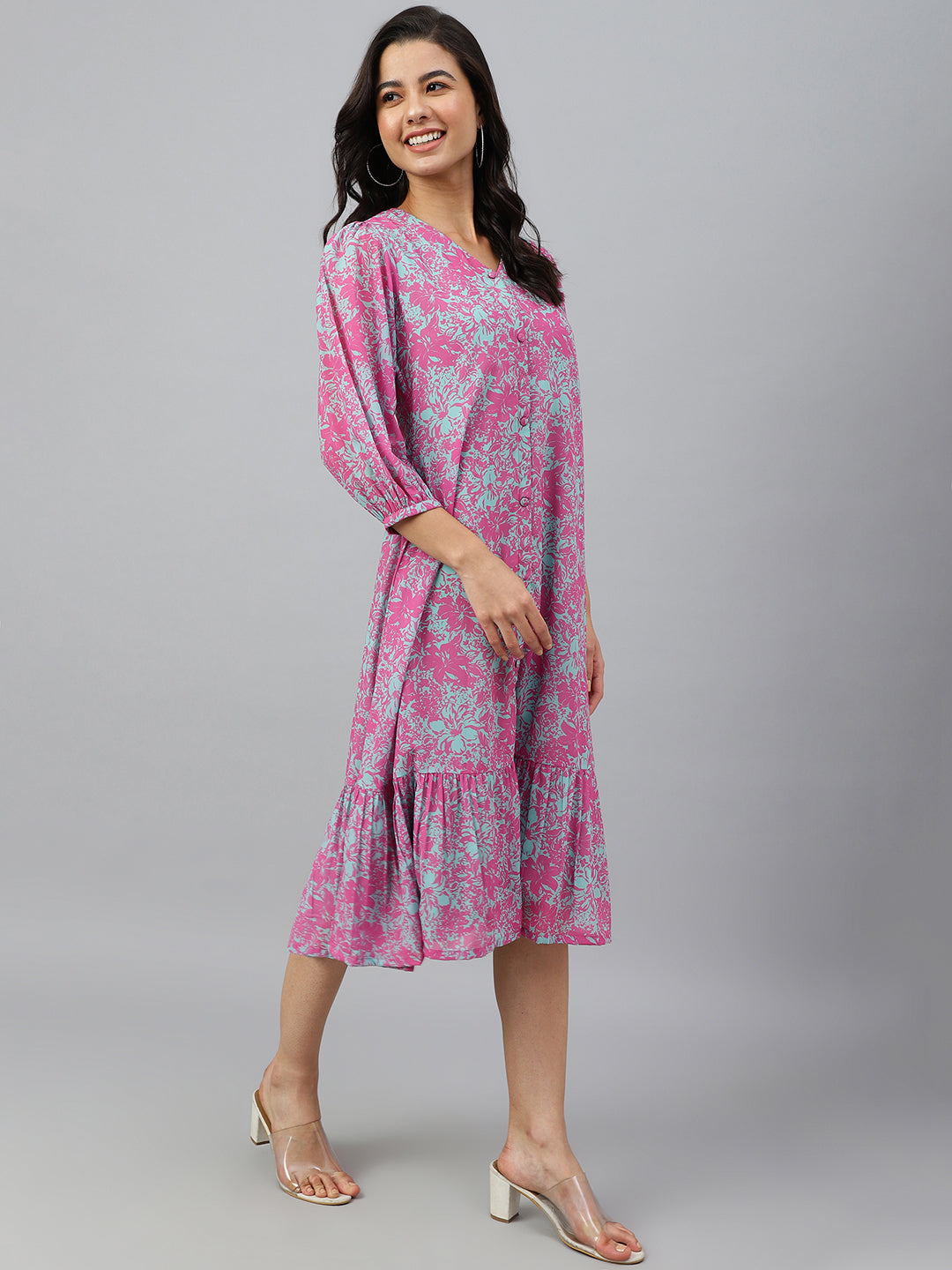 Janasya Women's Pink Georgette Floral Printed A-line Western Dress | Grocsy