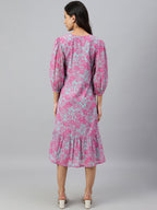 Janasya Women's Pink Georgette Floral Printed A-line Western Dress | Grocsy