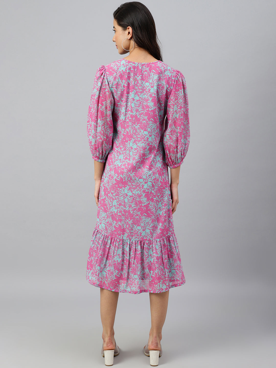 Janasya Women's Pink Georgette Floral Printed A-line Western Dress | Grocsy
