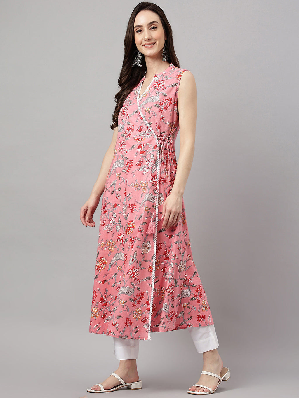 Janasya Women's Pink Cotton Floral Printed Casual Angrakha Kurta | Grocsy