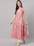 Janasya Women's Pink Cotton Floral Printed Casual Angrakha Kurta | Grocsy