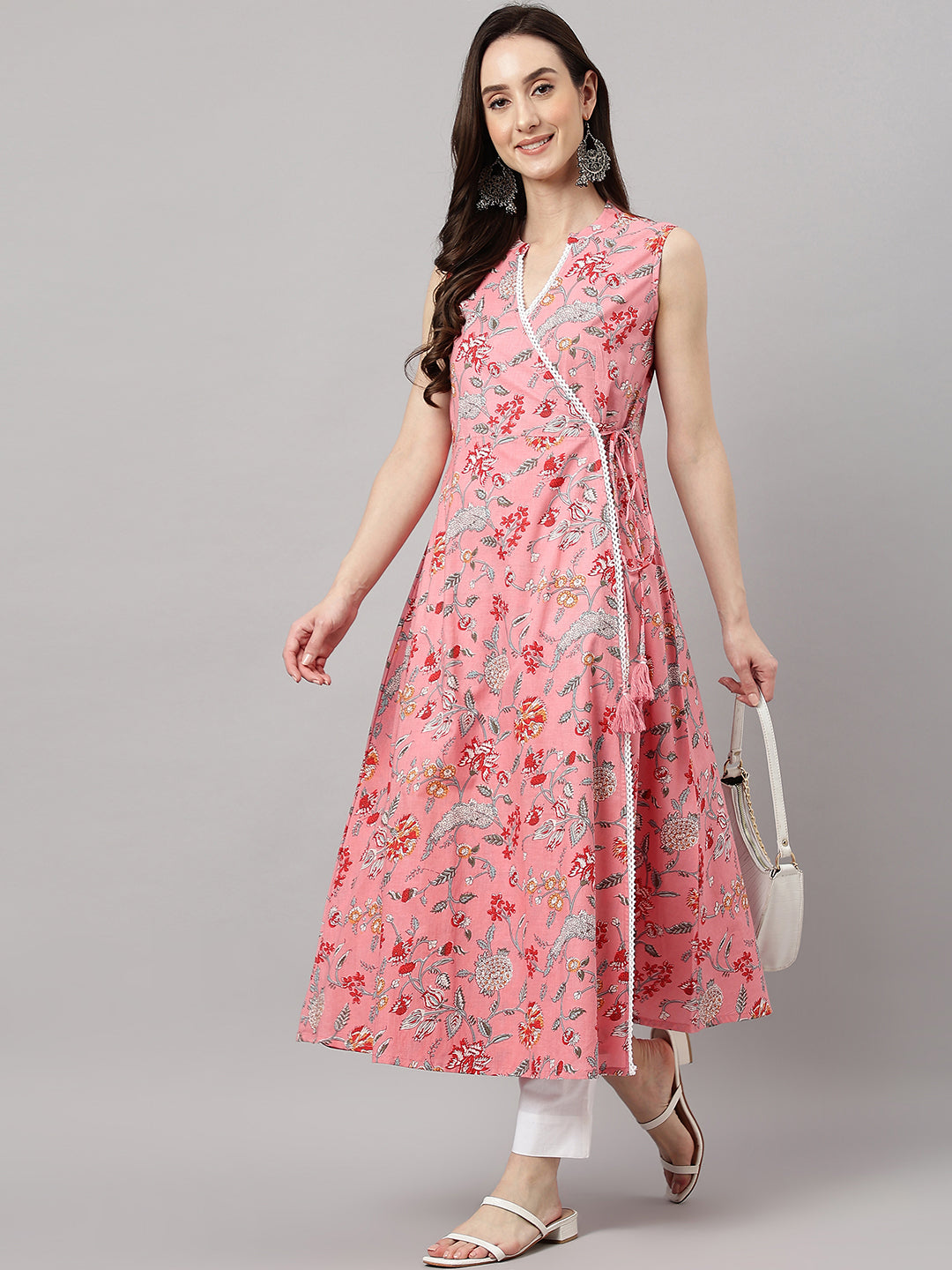 Janasya Women's Pink Cotton Floral Printed Casual Angrakha Kurta | Grocsy