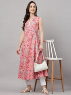 Janasya Women's Pink Cotton Floral Printed Casual Angrakha Kurta | Grocsy