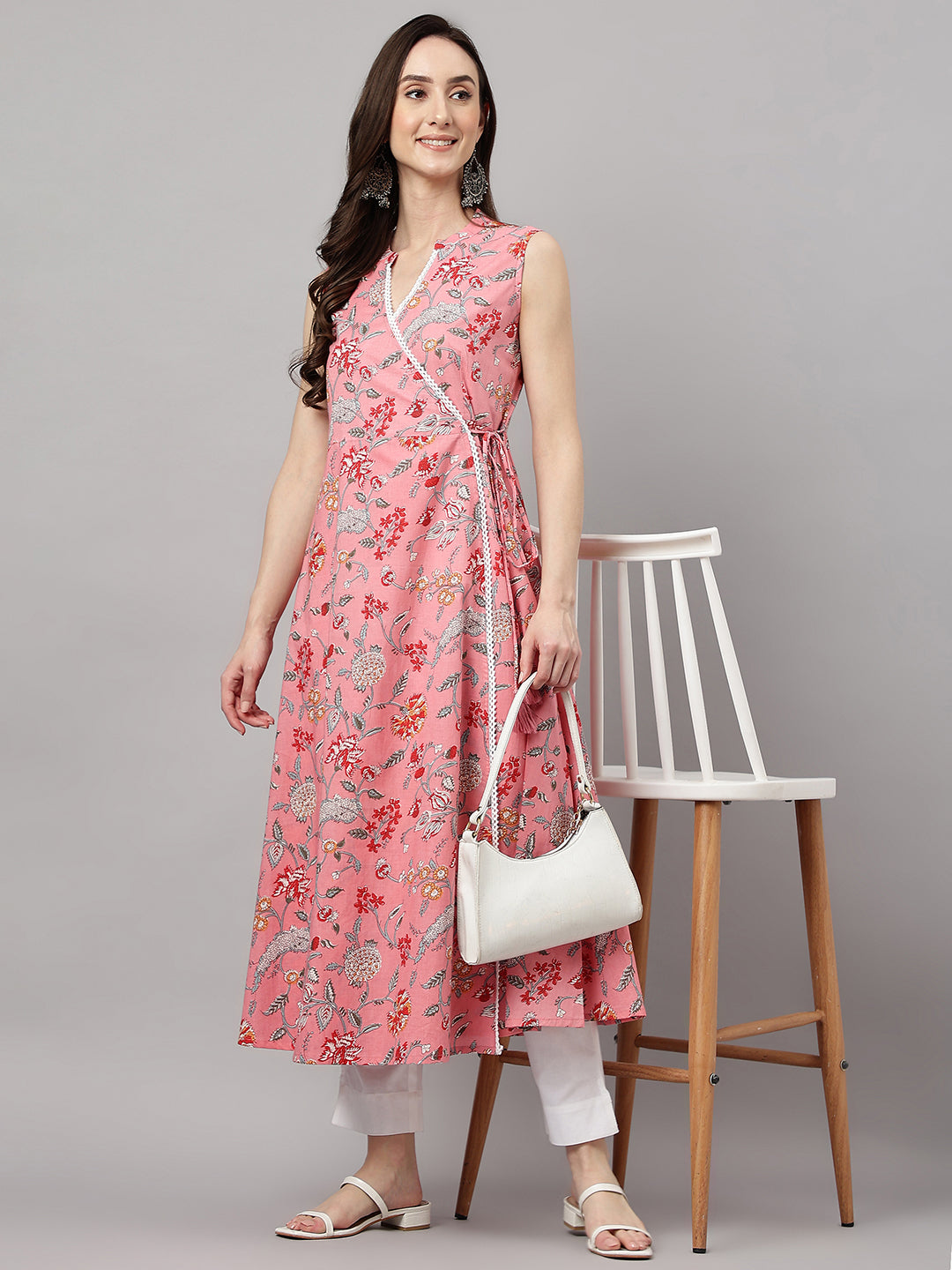 Janasya Women's Pink Cotton Floral Printed Casual Angrakha Kurta | Grocsy