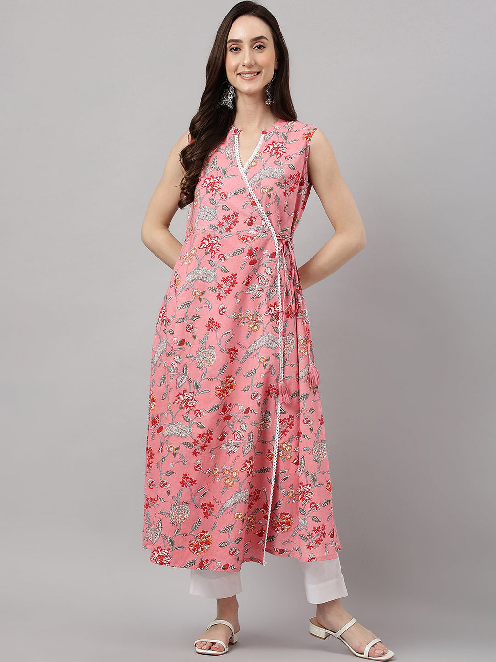 Janasya Women's Pink Cotton Floral Printed Casual Angrakha Kurta | Grocsy