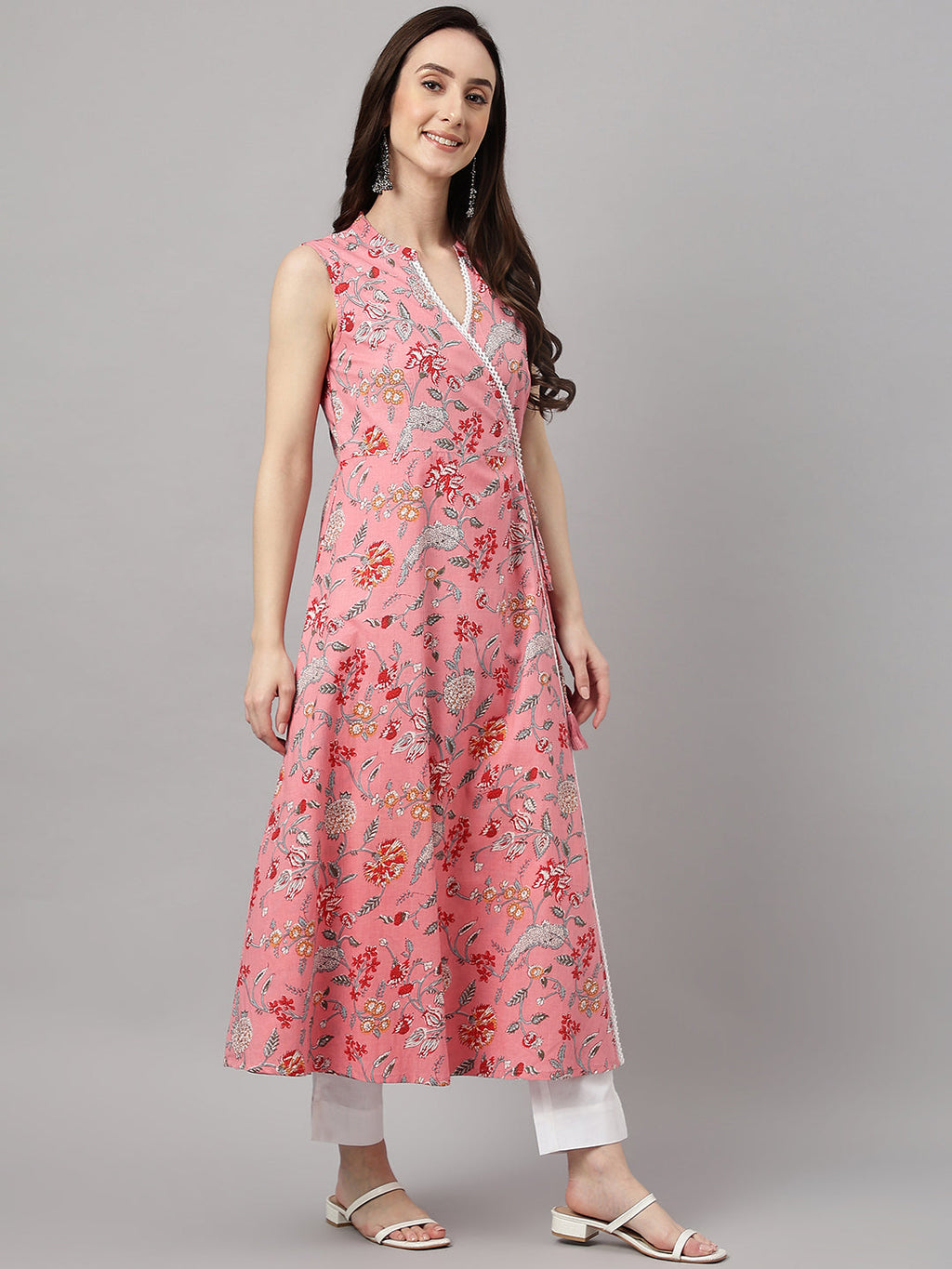 Janasya Women's Pink Cotton Floral Printed Casual Angrakha Kurta | Grocsy