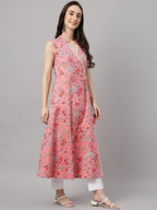 Janasya Women's Pink Cotton Floral Printed Casual Angrakha Kurta | Grocsy