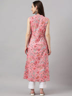 Janasya Women's Pink Cotton Floral Printed Casual Angrakha Kurta | Grocsy