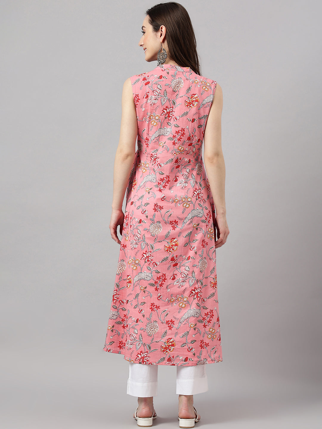 Janasya Women's Pink Cotton Floral Printed Casual Angrakha Kurta | Grocsy