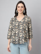 Janasya Women's Black Cotton Floral Print Casual Regular Top | Grocsy