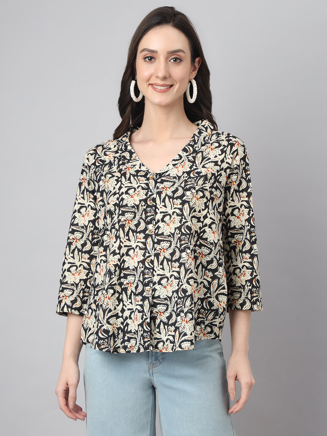 Janasya Women's Black Cotton Floral Print Casual Regular Top | Grocsy