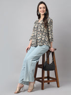 Janasya Women's Black Cotton Floral Print Casual Regular Top | Grocsy